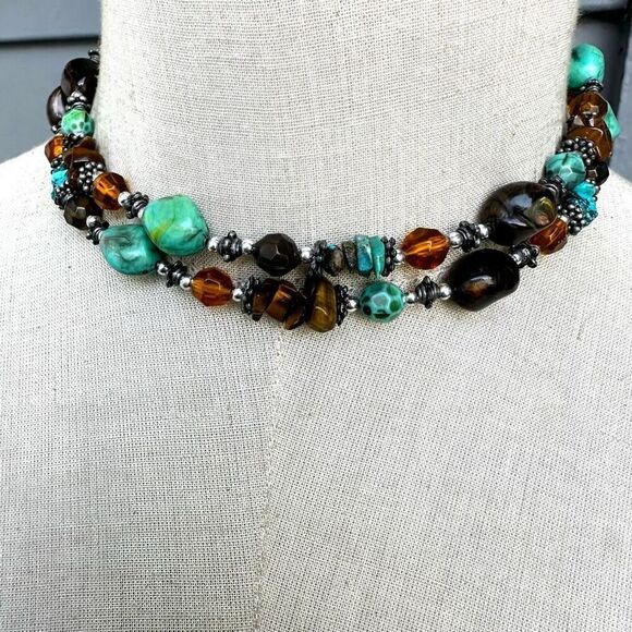 Turquoise and tiger eye long beaded necklace - Picture 2 of 7